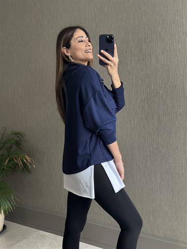 Lacivert Kapüşonlu Yarım Fermuarlı Kanguru Cep Modal Kadın Sweatshirt