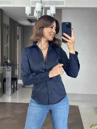 Lacivert Karol Dikiş Detaylı Klasik Slim Fit Kadın Gömlek
