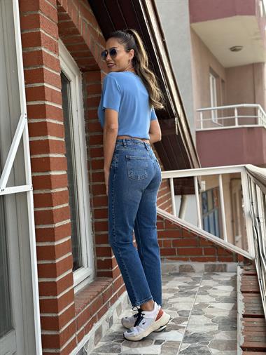 Lacivert Karol Gizli Cep Detay Mom Fit Kadın Jean Pantolon