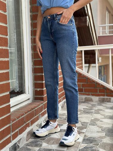 Lacivert Karol Gizli Cep Detay Mom Fit Kadın Jean Pantolon