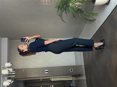 Lacivert Karol Kot Görünümlü Yüksek Bel Önü Flatolu Kadın Kumaş Pantolon