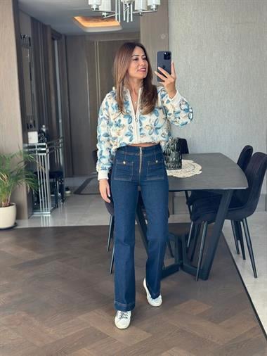 Lacivert Karol  Önden Cepli Fermuarlı Kadın Jean Pantolon