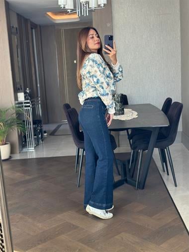 Lacivert Karol  Önden Cepli Fermuarlı Kadın Jean Pantolon