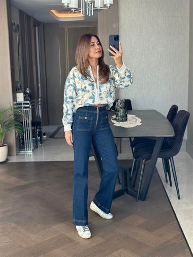 Lacivert Karol  Önden Cepli Fermuarlı Kadın Jean Pantolon