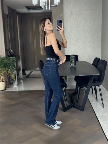 Lacivert Karol Yarım İspanyol Flare Jean Pantolon