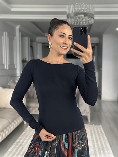 Lacivert Kayık Yaka Uzun Kollu Top Kadın Bluz