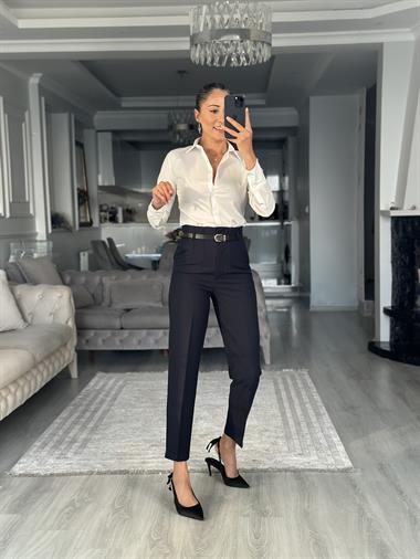 Lacivert Kemerli Flatolu Kadın Kumaş Pantolon