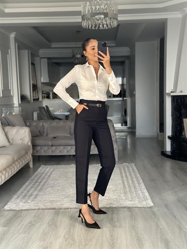 Lacivert Kemerli Flatolu Kadın Kumaş Pantolon