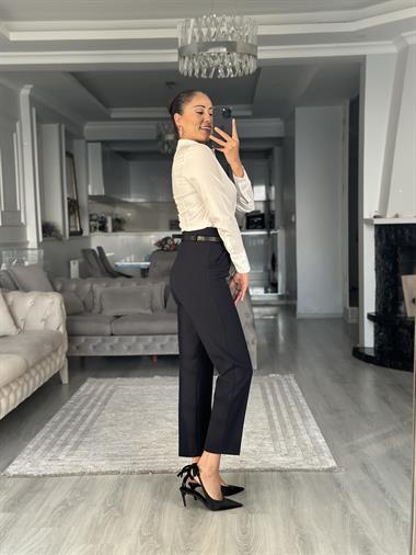 Lacivert Kemerli Flatolu Kadın Kumaş Pantolon