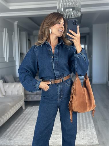 Lacivert Kemerli Premium Uzun Kol Kadın Denim Tulum