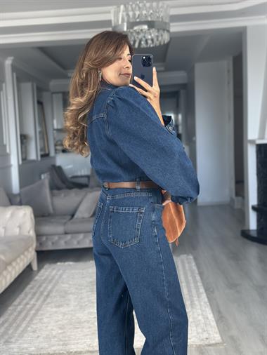 Lacivert Kemerli Premium Uzun Kol Kadın Denim Tulum