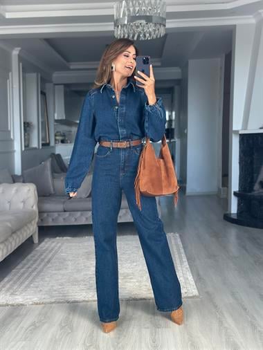 Lacivert Kemerli Premium Uzun Kol Kadın Denim Tulum