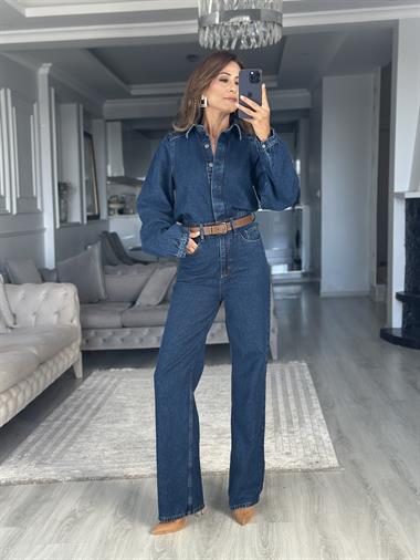 Lacivert Kemerli Premium Uzun Kol Kadın Denim Tulum
