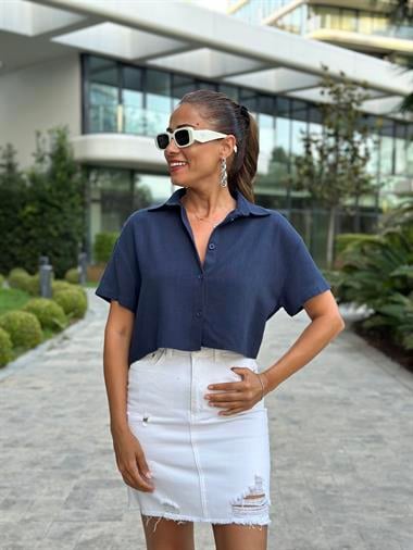 Lacivert Keten Marka Model Kısa Kol Kadın Crop Gömlek