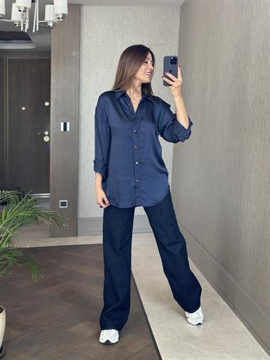 Lacivert Kırışık Saten Uzun Kol Kadın Gömlek