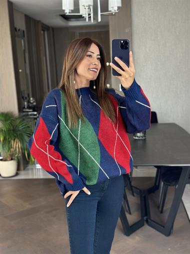 Lacivert Kırmızı Baklava Desen Bisiklet Yaka Kadın Triko Kazak