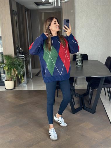 Lacivert Kırmızı Baklava Desen Bisiklet Yaka Kadın Triko Kazak