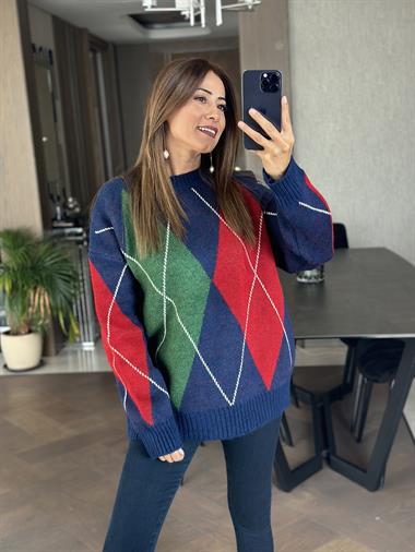 Lacivert Kırmızı Baklava Desen Bisiklet Yaka Kadın Triko Kazak