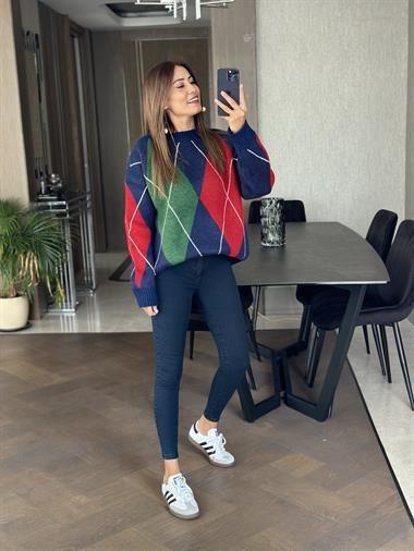 Lacivert Kırmızı Baklava Desen Bisiklet Yaka Kadın Triko Kazak