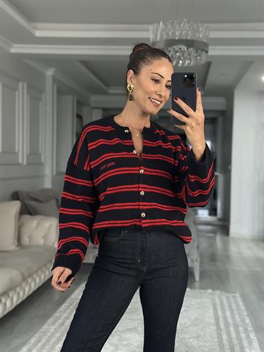 Lacivert Kırmızı Şeritli Düğmeli Kadın Triko Hırka