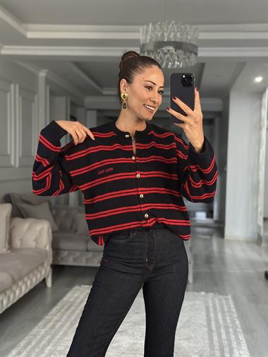Lacivert Kırmızı Şeritli Düğmeli Kadın Triko Hırka