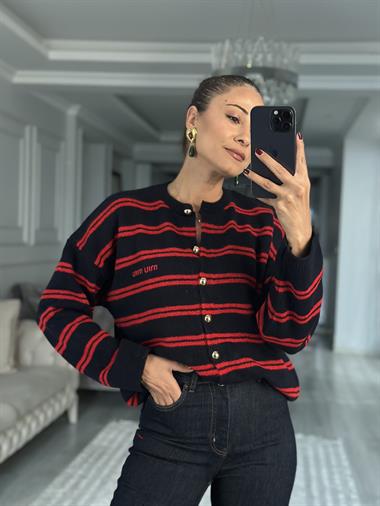 Lacivert Kırmızı Şeritli Düğmeli Kadın Triko Hırka