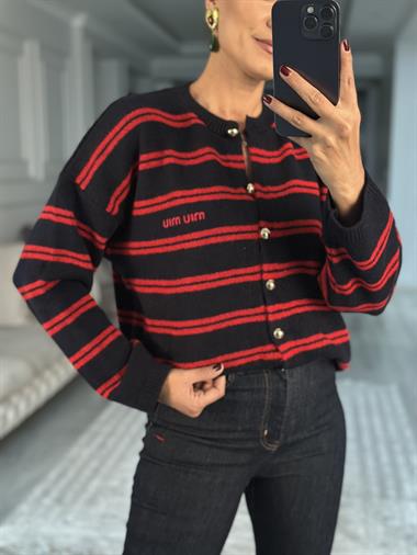 Lacivert Kırmızı Şeritli Düğmeli Kadın Triko Hırka