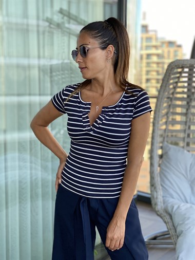 Lacivert Kısa Kol Çizgili  Kadın Body