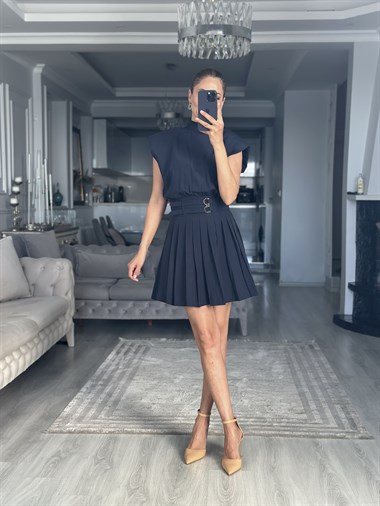 Lacivert Kolsuz Beli Tokalı Pileli Kadın Mini Elbise 