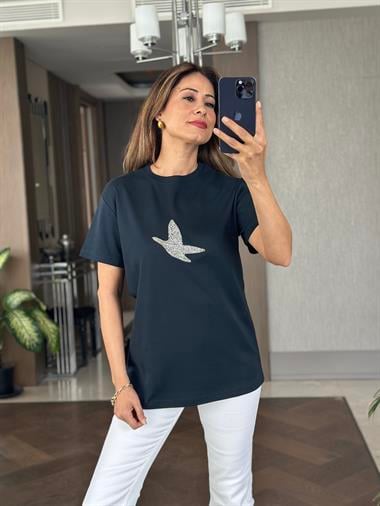 Lacivert Kuş Taşlı Bisiklet Yaka Kısa Kol Kadın T-Shirt