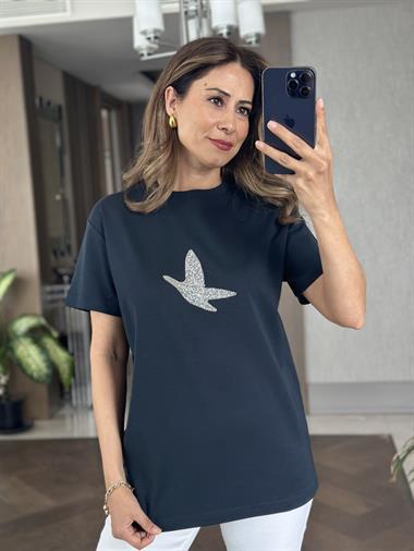 Lacivert Kuş Taşlı Bisiklet Yaka Kısa Kol Kadın T-Shirt