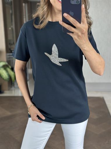 Lacivert Kuş Taşlı Bisiklet Yaka Kısa Kol Kadın T-Shirt