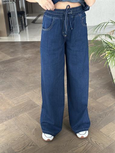 Lacivert Beli Lastikli Palazzo Kadın Jean Pantolon