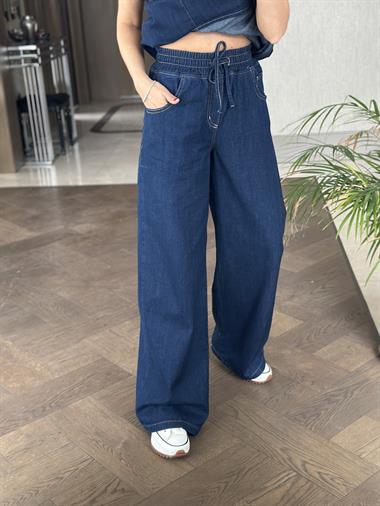 Lacivert Beli Lastikli Palazzo Kadın Jean Pantolon