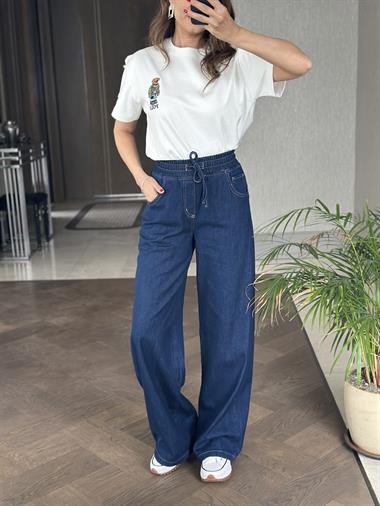 Lacivert Beli Lastikli Palazzo Kadın Jean Pantolon