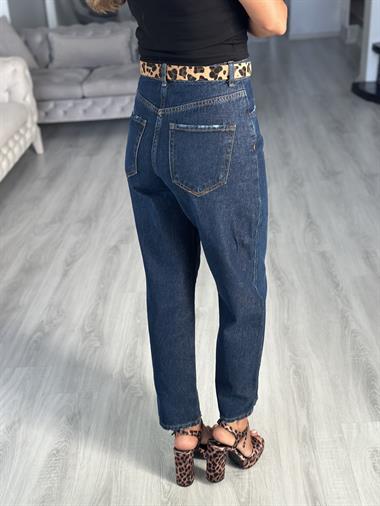 Lacivert Leopar Kemerli Paça Yıpratmalı Kadın Mom Jean Pantolon