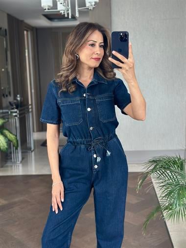 Lacivert Metal Düğmeli Kısa Kol Kadın Mom Jean Tulum