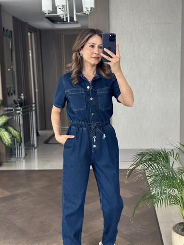 Lacivert Metal Düğmeli Kısa Kol Kadın Mom Jean Tulum