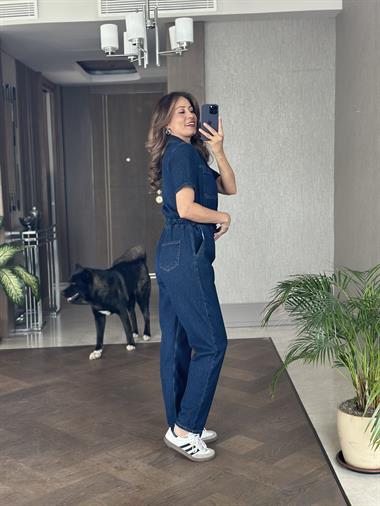 Lacivert Metal Düğmeli Kısa Kol Kadın Mom Jean Tulum