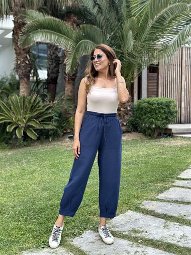 Lacivert Müslin Paça Pensli Kadın Pantolon