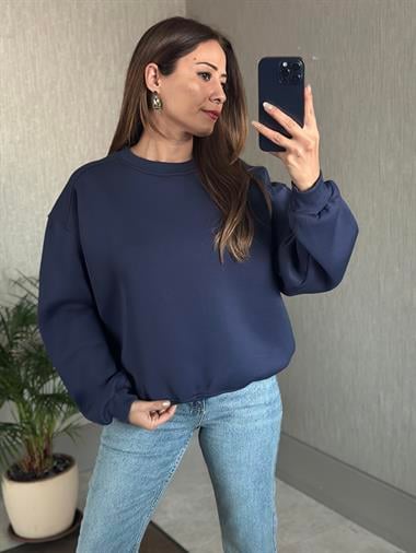 Lacivert Omzu Dikiş Detaylı Bisiklet Yaka Şardonlu Kadın Sweatshirt