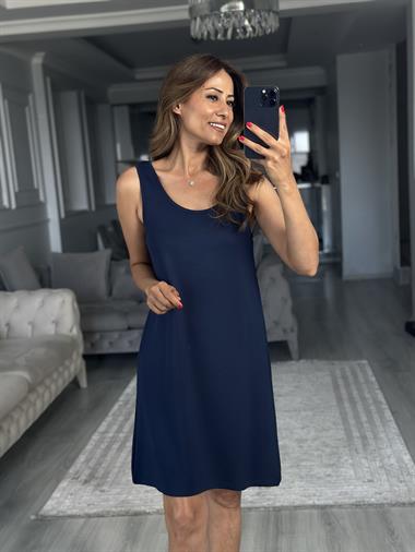 Lacivert Ön Arka U Yaka  Basic Mini Kadın Elbise