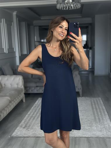 Lacivert Ön Arka U Yaka  Basic Mini Kadın Elbise