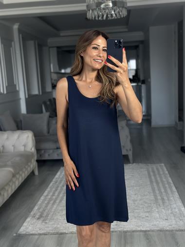 Lacivert Ön Arka U Yaka  Basic Mini Kadın Elbise