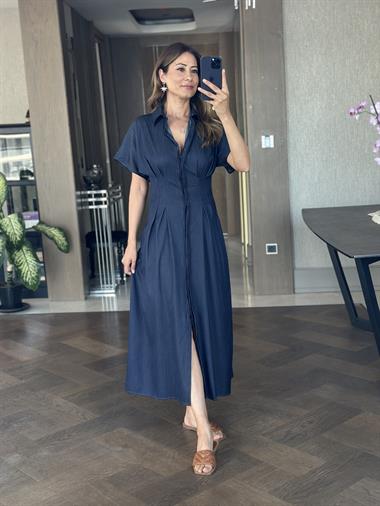 Lacivert Ön Beli Pileli Kısa Kol Tnsel Denim Midi Boy Kadın Gömlek Elbise 