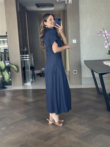 Lacivert Ön Beli Pileli Kısa Kol Tnsel Denim Midi Boy Kadın Gömlek Elbise 