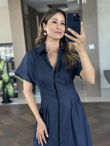 Lacivert Ön Beli Pileli Kısa Kol Tnsel Denim Midi Boy Kadın Gömlek Elbise 