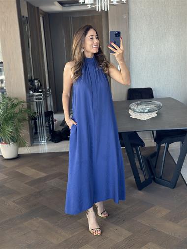Lacivert Ön Yakası İki Düğmeli Maksi Boy Masimo Tnsel Kadın Elbise