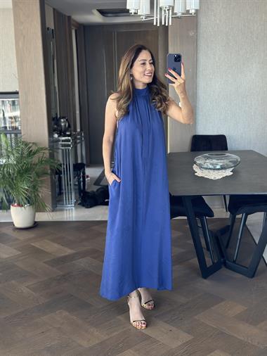 Lacivert Ön Yakası İki Düğmeli Maksi Boy Masimo Tnsel Kadın Elbise