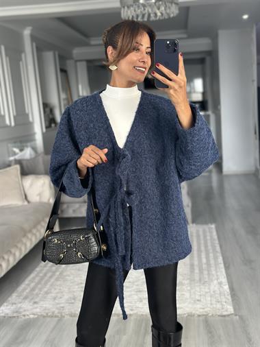 Lacivert Önü Bağlamalı Kırçıllı Kaşe Kadın Ceket